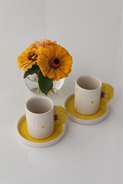 seda seramik El Yapımı Tasarım Ayçiçeği Kulplu 2 Kişilik 4 Parçalı Kahve Fincan Takımı 110 ml