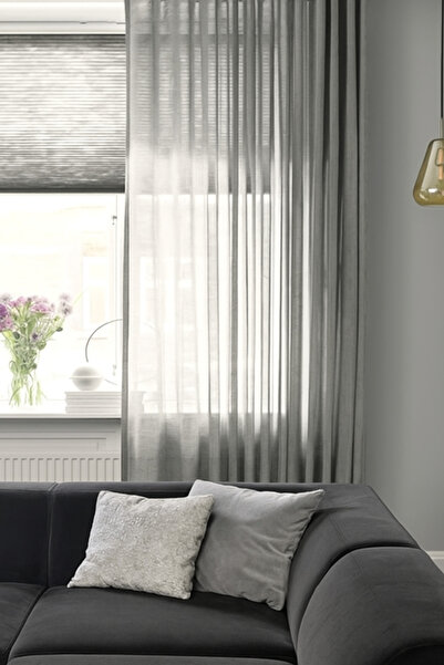 Ran Perde Modern Düz Keten Tül Perde - Açık Gri - Pileli Dikim 1x2,5 Pile