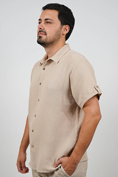 SİDE OTANTİK Erkek Muslin Regular Fit Kısa Kollu Nefes Alan Günlük Krem Gömlek
