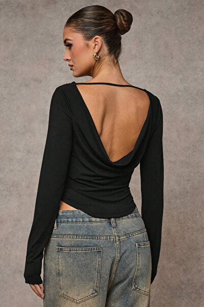 ecemore Bluză cu mânecă lungă cu guler degradat și spate deschis