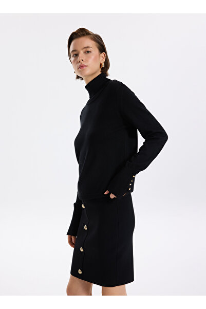 Fabrika Siyah Kadın Balıkçı Yaka Düz Kazak REZZA