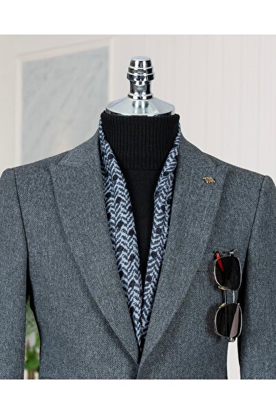 TerziAdemAltun Ανδρικό μπουφάν με μοτίβο ψαροκόκαλο ιταλικού στυλ slim fit ανθρακί T13052