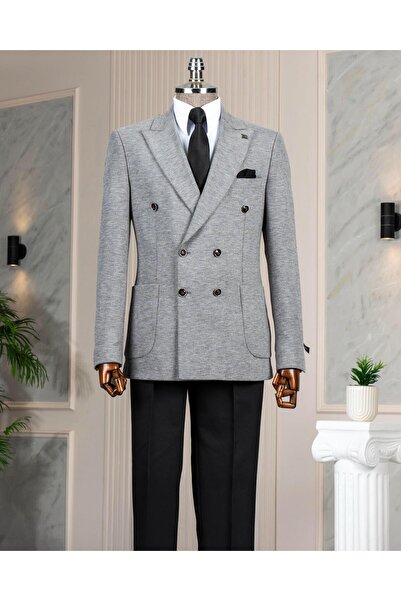 TerziAdemAltun Ανδρικό γκρι Slim Fit ιταλικό στυλ Kravuze μονό μπουφάν - T13336