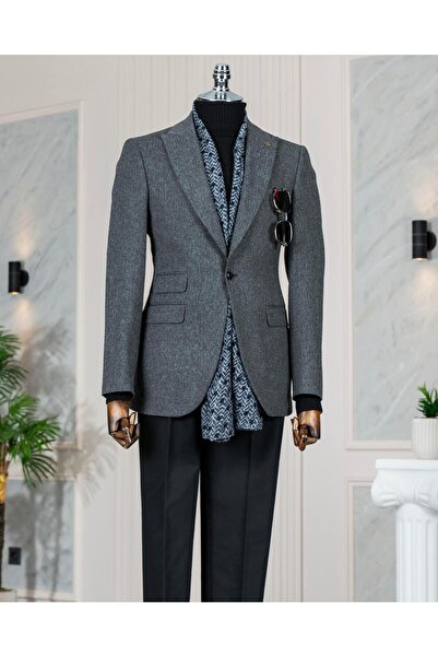 TerziAdemAltun Ανδρικό μπουφάν με μοτίβο ψαροκόκαλο ιταλικού στυλ slim fit ανθρακί T13052