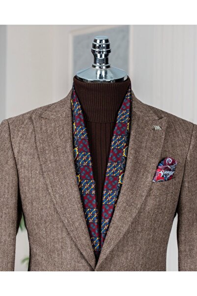 TerziAdemAltun Ανδρικό μονό σακάκι καφέ T13298 με μοτίβο ψαροκόκαλο σε ιταλικό στυλ