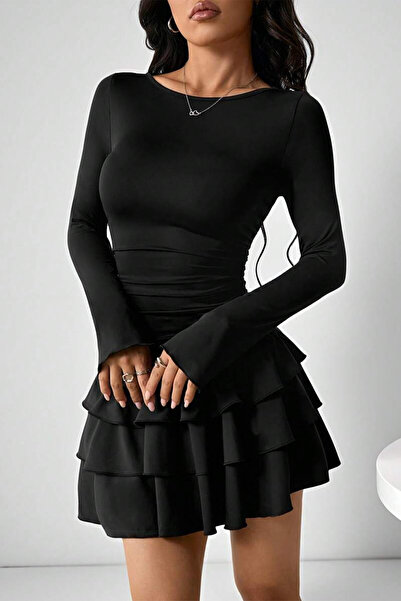 ecemore Eteği Kat Kat Fırfırlı Uzun Kollu Mini Elbise E9107