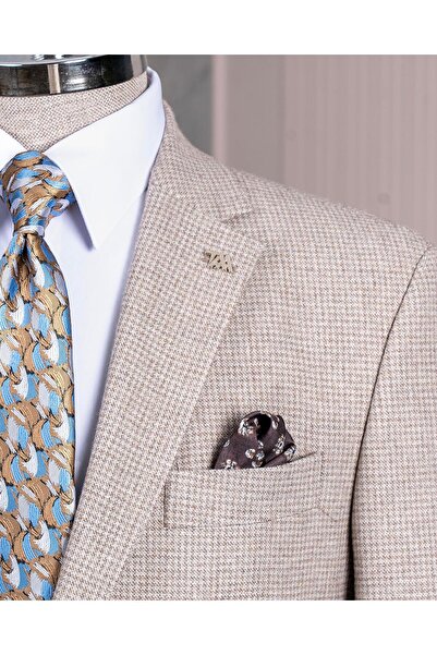 TerziAdemAltun Jachetă unică pentru bărbați, slim fit, în stil italian, cu guler mono, bej T13535