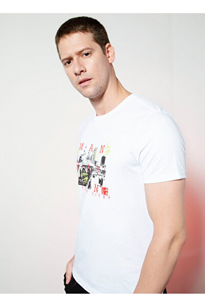 North Of Navy Beyaz Erkek Bisiklet Yaka Standart Kalıp Baskılı T-Shirt I-N29