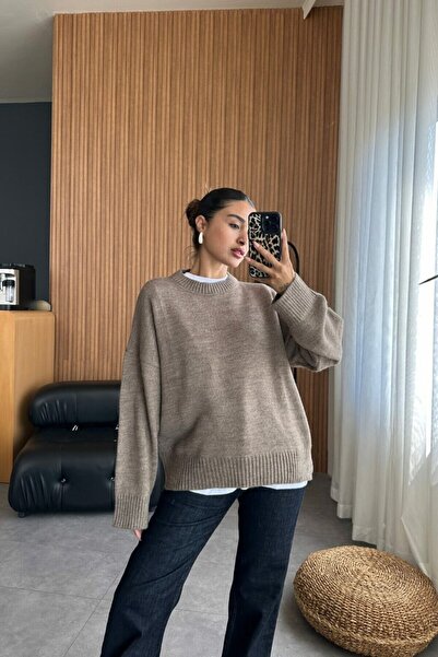 MODASPARK Vizon Bisiklet Yaka Oversize Kadın Triko  Kazak