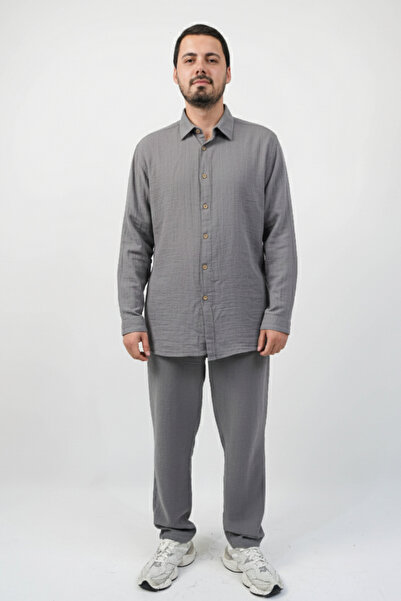 SİDE OTANTİK قميص رجالي من الموسلين بياقة فضفاضة (واسعة) وأكمام طويلة وأكمام ...