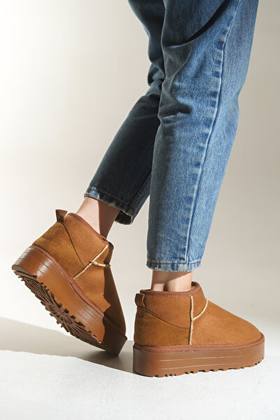 HVZ Exclusive Taba Kadın Tüylü Bot Kışlık Yumuşak Rahat Slip On Yarım Bot