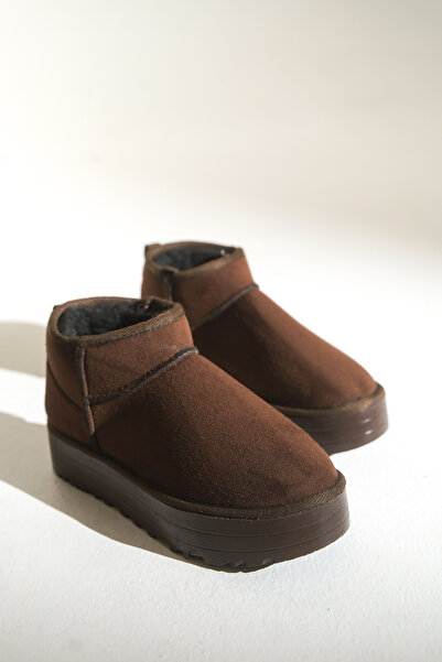 HVZ Exclusive Kahverengi Kadın Kalın Taban İçi Kürklü Yarım Bot Tefis Kahve Süet