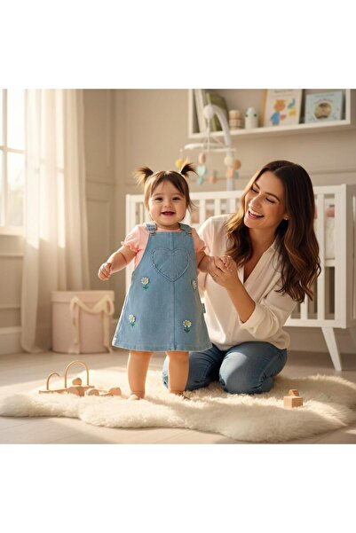 ALTINTAŞ BABY Daisy Embroidered Heart Patterned Denim Look Cotton 2-Piece Salopet Set