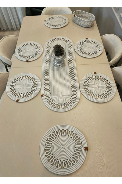 sfb Hand Knitted Jute Runner Table Cloth with Plate Mat Decorative Unit Coffee Table Cloth Set