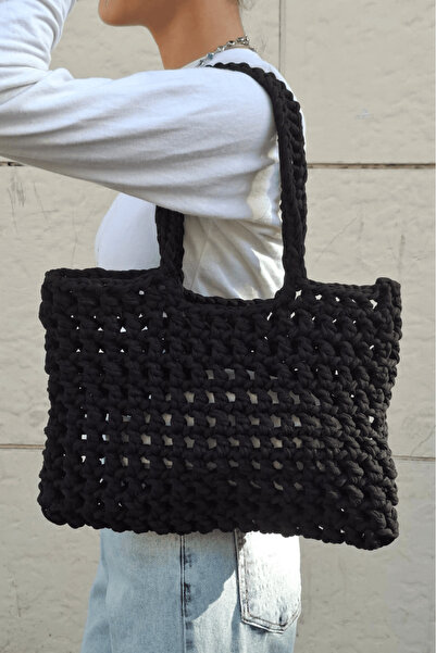 Warasiva Γυναικεία μαύρη πλεκτή τσάντα ώμου μεσαίου μεγέθους 38×28 εκ. χειροπ...