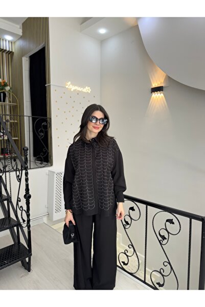 Butik Siyah taşlı gömlek beli lastikli pantolon ikili takım
