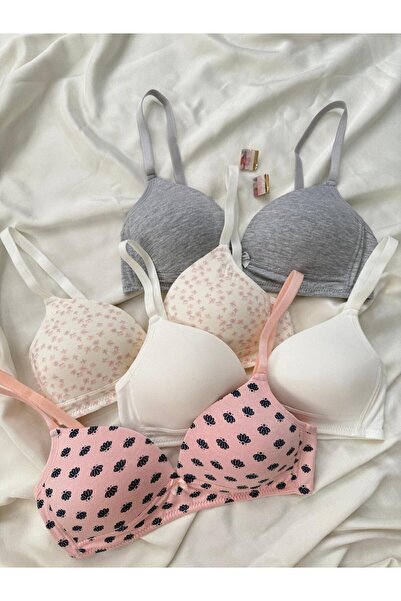 İNKO İÇ GİYİM Cotton Combed Cotton Wire-Free Unpadded 4-Piece Gathering Bra