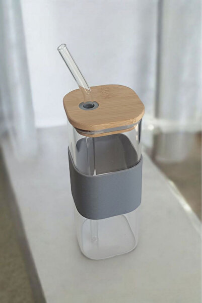 Panhera Square Glass Cup with Bamboo Lid and Straw 400 ml | Gray