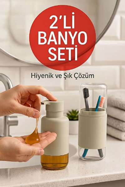 Open Home Concept 2'li Pratik Sıvı Sabunluk ve Diş Fırçalık Seti Taş Gri