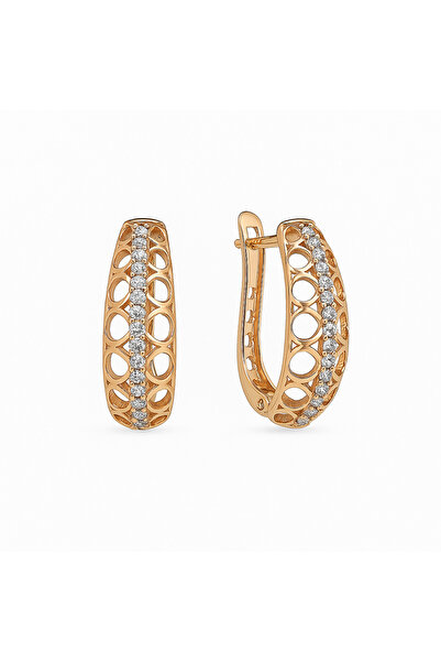 PİRLENTO أقراط على شكل سلة منحنية مرصعة بأحجار الزركون بلون الورد - تصميم عصري وأنيق ولامع