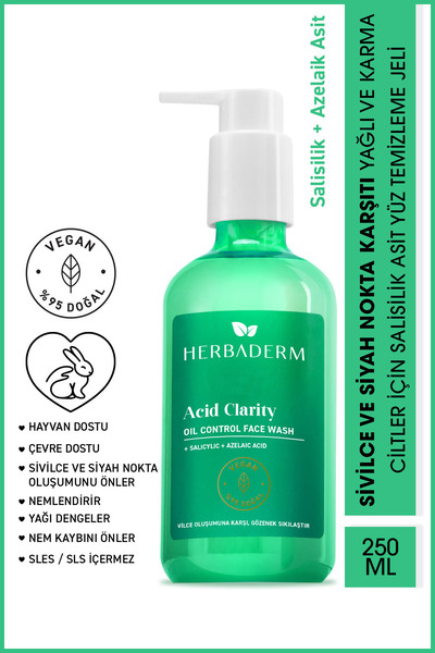 Herbaderm Yağlı ve Sivilceli Ciltler için Yüz Temizleme Jeli 250 ml