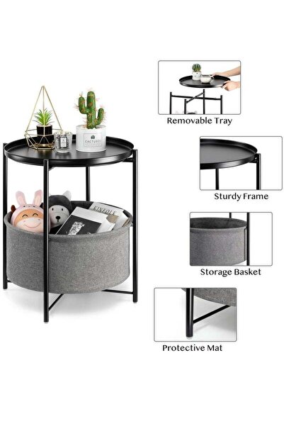 Bukela Round Fabric Side Table – Removable Tray, Black (Bedroom/Nursery)