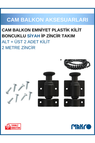 GLASSMAKRO Cam Balkon Kilidi | Emniyet Plastik Kilit | Boncuklu Ip Zincir Takım Seti