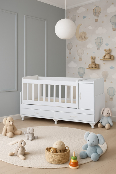 bebecoda Karyola Olabilen Sallanır Bebek Beşiği Yataklı Sarı Uyku Setli Kapaklı ve Çekmeceli 60 X 120