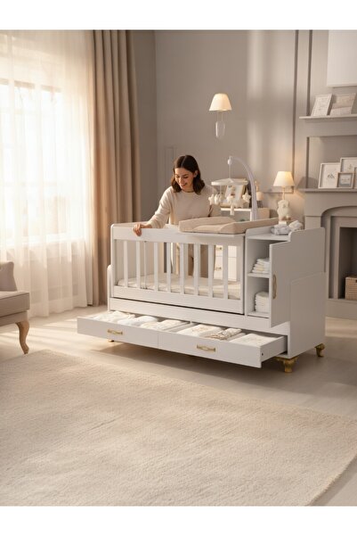 bebecoda 2 Çekmeceli 1 Kapaklı Karyola Olabilen Sallanır Bebek Beşiği Pembe U...