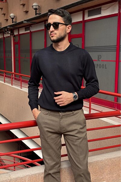 inpool Мъжки тънък трикотажен пуловер с кръгло деколте - вълнени акрилни влак...