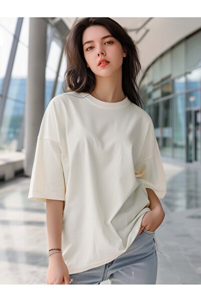 Coredra Tricou Basic Oversize Femei - Ecru
