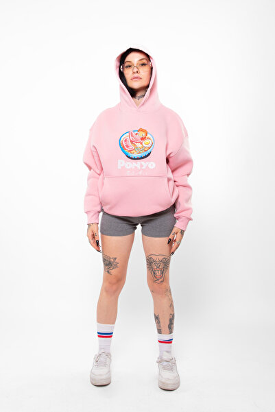 Bak Moda هودي وردي كبير الحجم مطبوع عليه Ponyo للجنسين