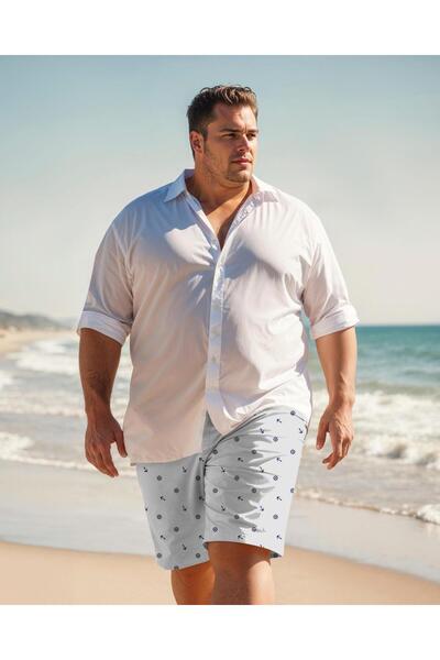 Miami Beach Erkek Büyük Beden Beyaz Marin Baskılı Standart Boy Mayo Deniz Şortu