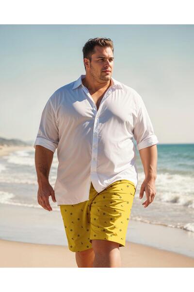 Miami Beach Erkek Büyük Beden Sarı Marin Baskılı Standart Boy Mayo Deniz Şortu