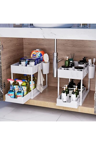 Arabest Sink Organizers and Storage Pull Out Sliding Drawer, 2 Tier Multi-Functional Sink Storage Rack white