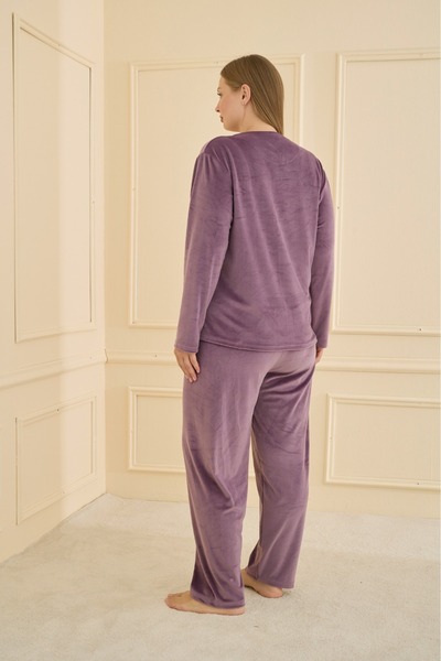 Elit Women's Velvet Amor Letter Printed Plus Size Pajamas Set