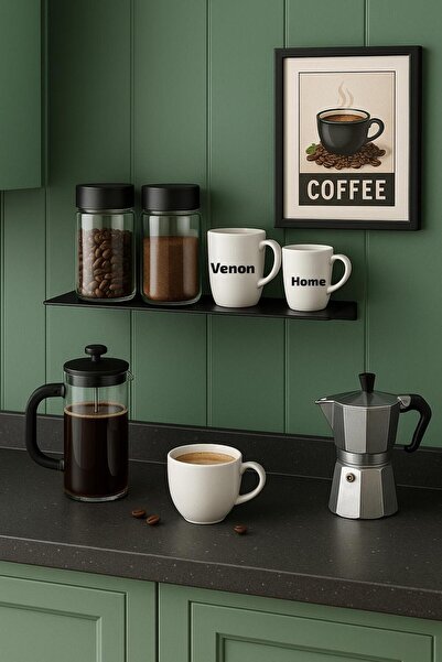VENON Metal Raf Siyah 30 Cm Sevimli Kahve Köşesi Dizme Stand -Kahve Çekirdeği - Moka Pot - Kupa - Bardak