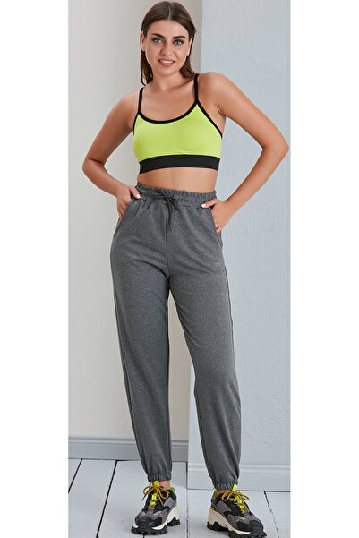 nurneva Χτενισμένο βαμβακερό παντελόνι με ελαστικό κορδόνι στο πόδι ανθρακί