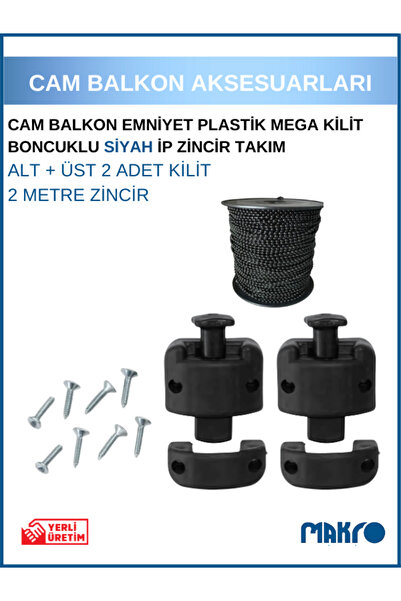 GLASSMAKRO Cam Balkon Kilidi | Emniyet Plastik Mega Kilit | Boncuklu Siyah Ip Zincir Takım Seti