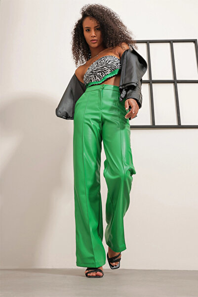 VAGGON Women's Green High Waist Ribbed Stitching Inside Suede Leather Palazzo Pants Hn08044