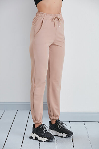 nurneva Kadın Basic Model Paça Lastikli Bilek Boy Kordonlu Taş Rengi Penye Eşofman Altı