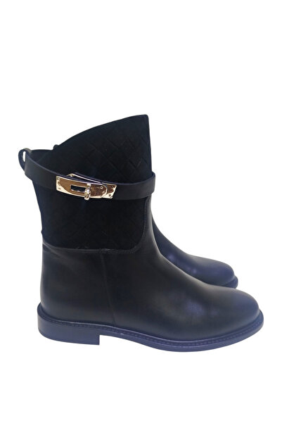 DRY SHOES Hakiki Deri Siyah Napoli Kadın Bot Ayakkabı Yuvarlak Burun Düz Taban Tokalı Orta Boy DRY-2107