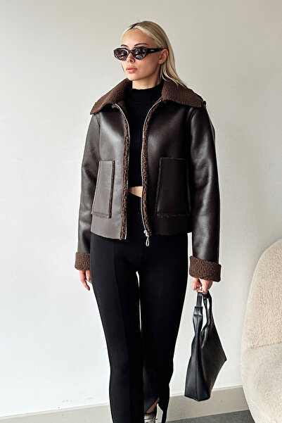 VAGGON Διπλή τσέπη Faux Fur Inside Faux Leather Biker Jacket