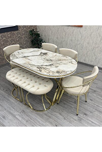 BY ORHAN GÜZEL Mutfak Masa Sandalye Takımı Selenit 80-140 Oval Gold 6 Kişilik Benchli Mutfak Masası Takımı