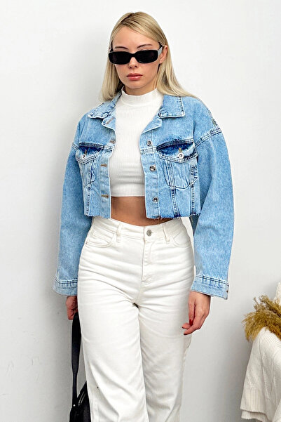 VAGGON Жіноча синя куртка з двома кишенями, застібкою спереду та лазерним вирізом Prm0607