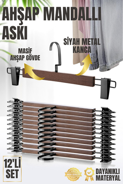 Nandy Home 12 Adet Ahşap, Mandallı Pantolon ve Etek Askısı, Kıyafet Askısı