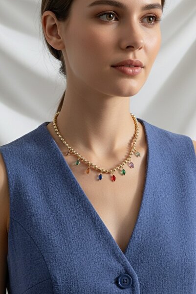 LA PERRY ACCESSORIES Renkli Badem Taş Sallantılı Gold Kolye