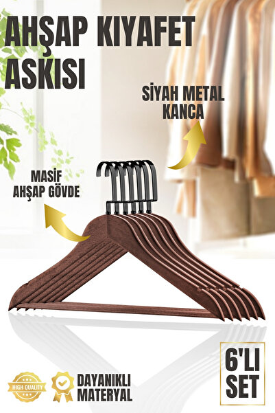 Nandy Home 6 Adet Ahşap Askı Seti, Gömlek ve Elbise İçin, Kıyafet Askısı