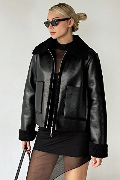 VAGGON Kadın Siyah Çift Cepli İçi Suni Kürklü Suni Deri Biker Ceket Prm0408