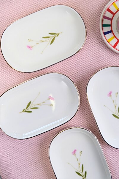 tabakevi Tabak Evi Porcelain Natura Broadcloth Gold Gilded Oval Boat Plate 18X11X2,50Cm 4 Pieces